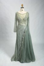 Light Yellow Beaded Long Sleeve Mother of the Bride Dress MK127