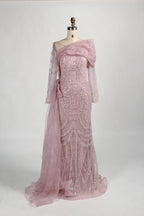 Long Sleeve Beaded Sheath Mother of the Bride Dress with Draped Shoulder Sash KY044