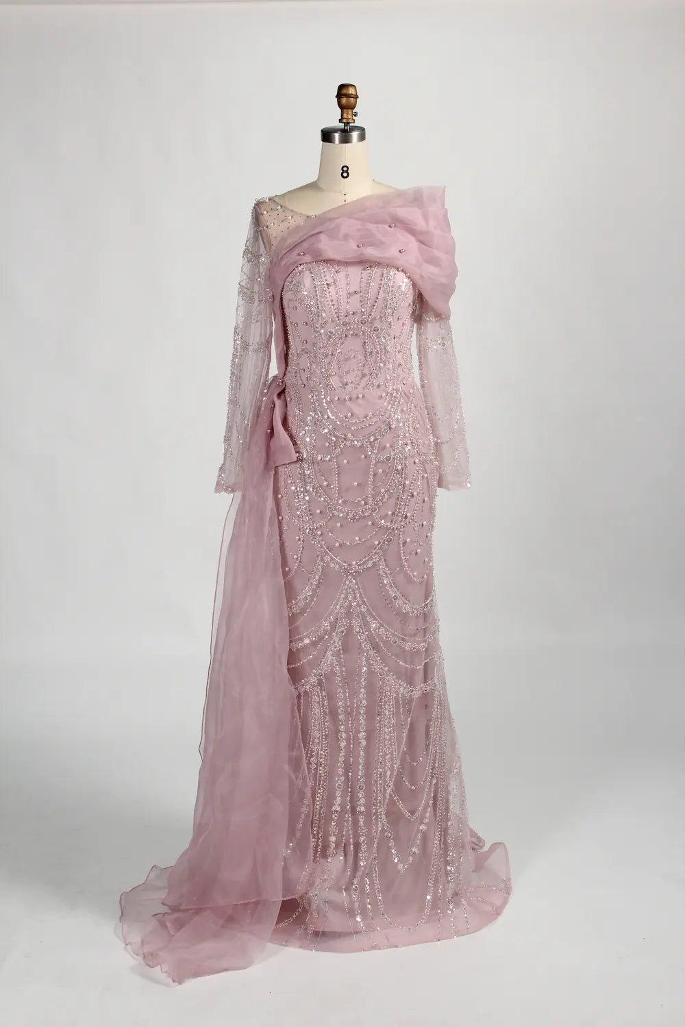 Long Sleeve Beaded Sheath Mother of the Bride Dress with Draped Shoulder Sash KY044