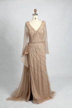 V-Neck Ruched A-Line Mother of the Bride Dress with Long Sleeves MC095