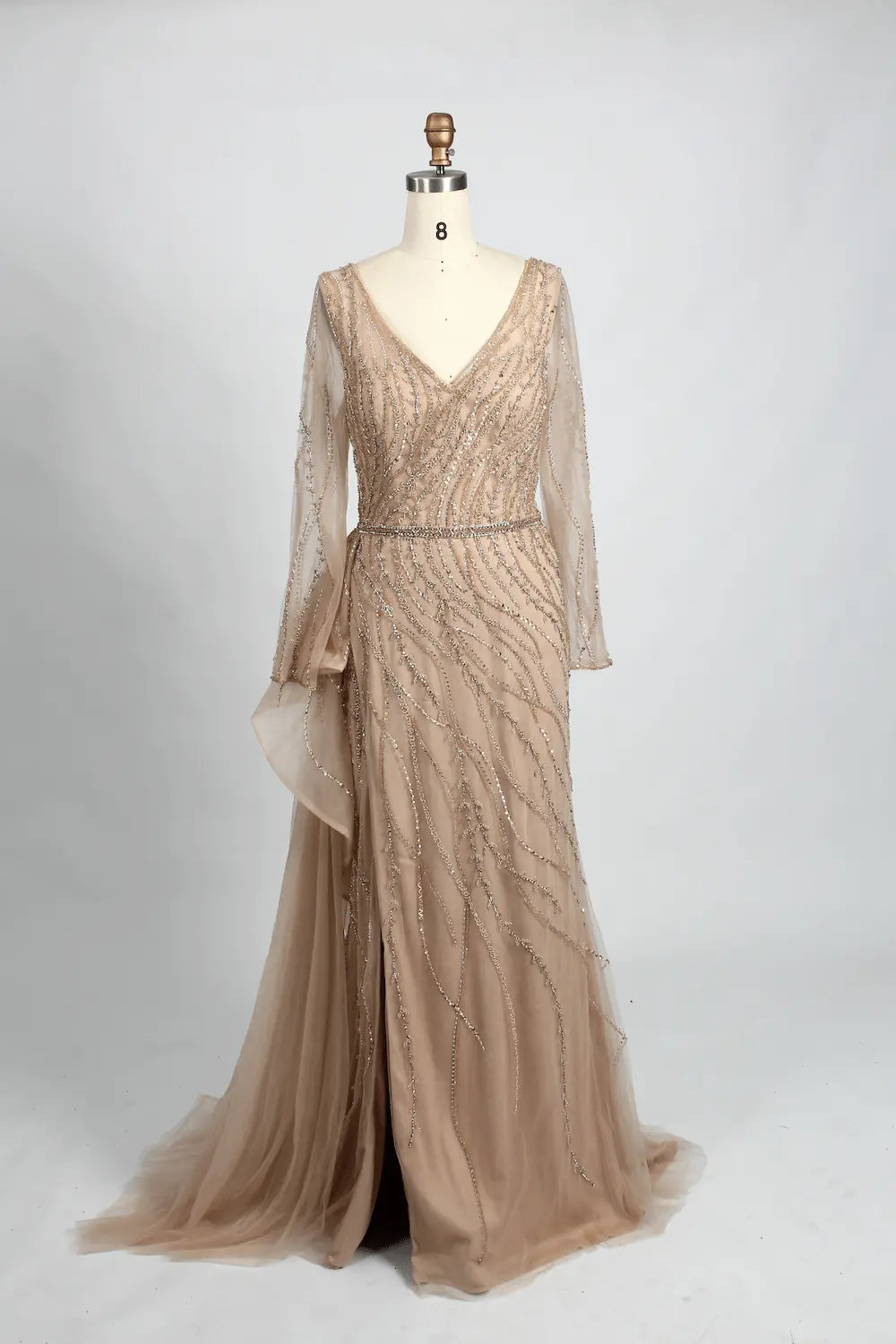 V-Neck Ruched A-Line Mother of the Bride Dress with Long Sleeves MC095