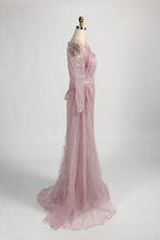 Long Sleeve Beaded Sheath Mother of the Bride Dress with Draped Shoulder Sash KY044