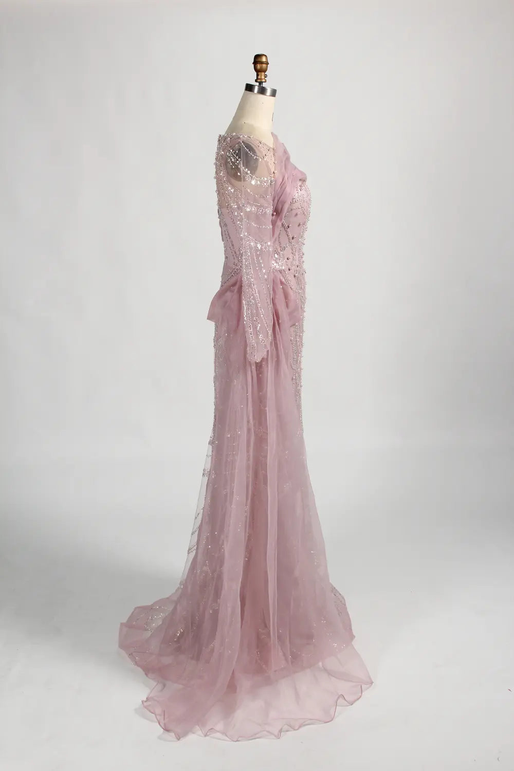 Long Sleeve Beaded Sheath Mother of the Bride Dress with Draped Shoulder Sash KY044