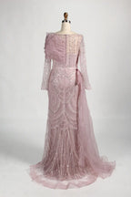 Long Sleeve Beaded Sheath Mother of the Bride Dress with Draped Shoulder Sash KY044