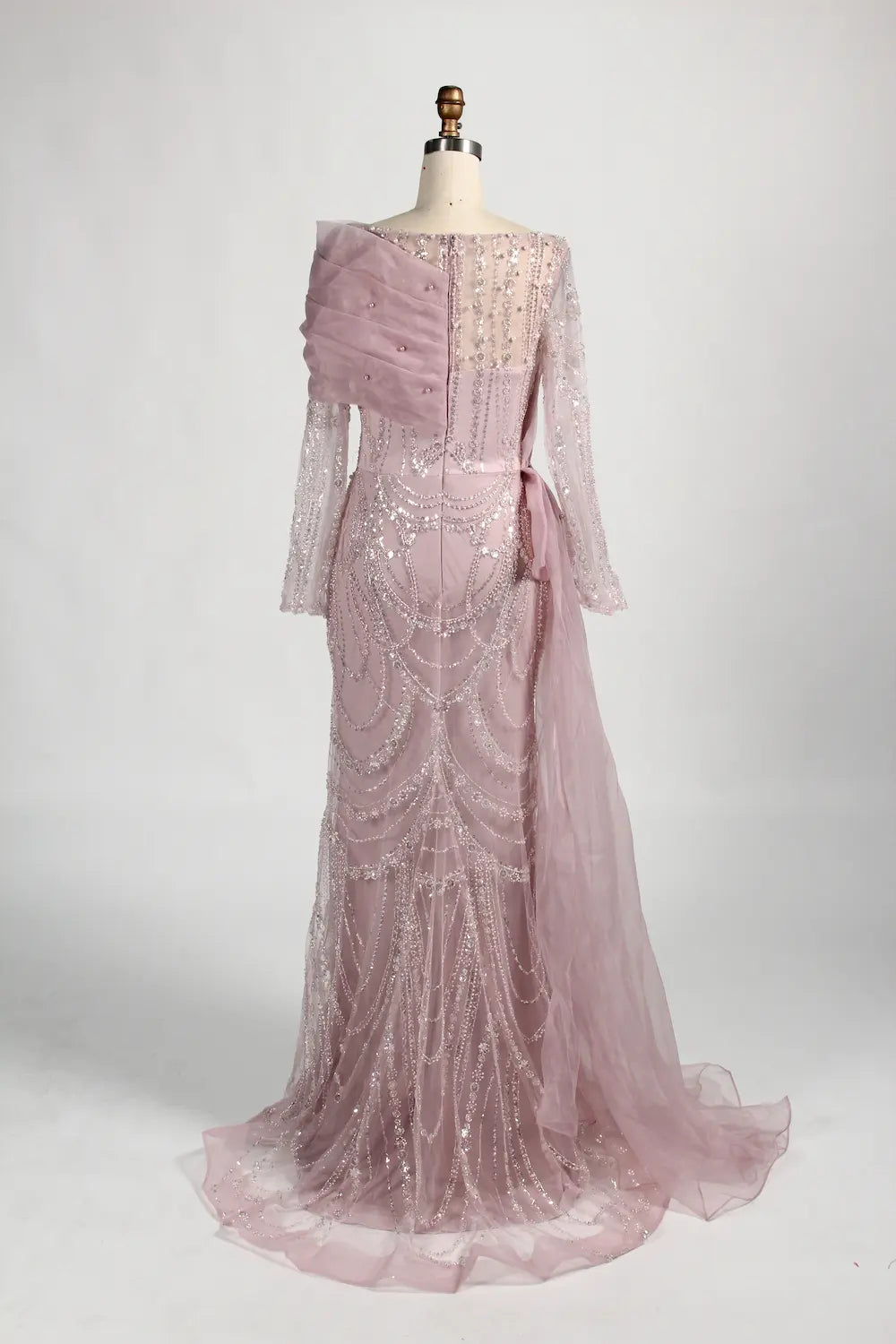 Long Sleeve Beaded Sheath Mother of the Bride Dress with Draped Shoulder Sash KY044