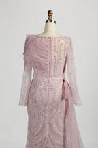 Long Sleeve Beaded Sheath Mother of the Bride Dress with Draped Shoulder Sash KY044
