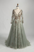 Sage Green V-Neck Long Sleeves A-Line Mother of the Bride Dress MC158