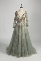 Sage Green V-Neck Long Sleeves A-Line Mother of the Bride Dress MC158