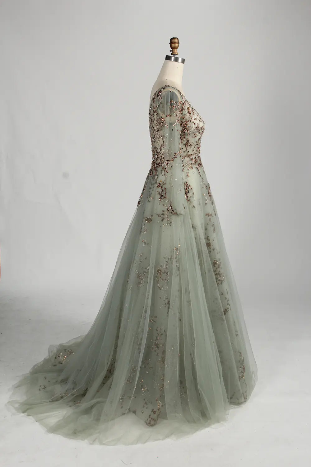 Sage Green V-Neck Long Sleeves A-Line Mother of the Bride Dress MC158