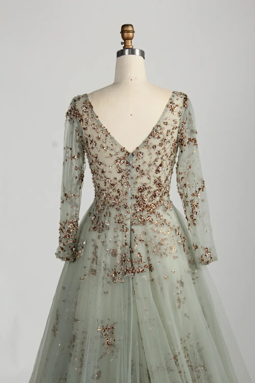 Sage Green V-Neck Long Sleeves A-Line Mother of the Bride Dress MC158