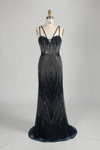 Navy Blue Sequin Sheer Cape Mermaid Mother of the Bride Dress MC157