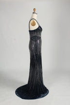 Navy Blue Sequin Sheer Cape Mermaid Mother of the Bride Dress MC157