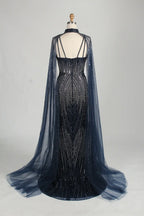 Navy Blue Sequin Sheer Cape Mermaid Mother of the Bride Dress MC157