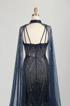 Navy Blue Sequin Sheer Cape Mermaid Mother of the Bride Dress MC157