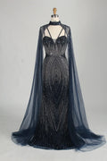 Navy Blue Sequin Sheer Cape Mermaid Mother of the Bride Dress MC157