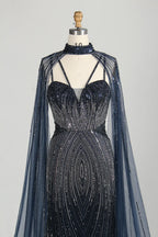 Navy Blue Sequin Sheer Cape Mermaid Mother of the Bride Dress MC157