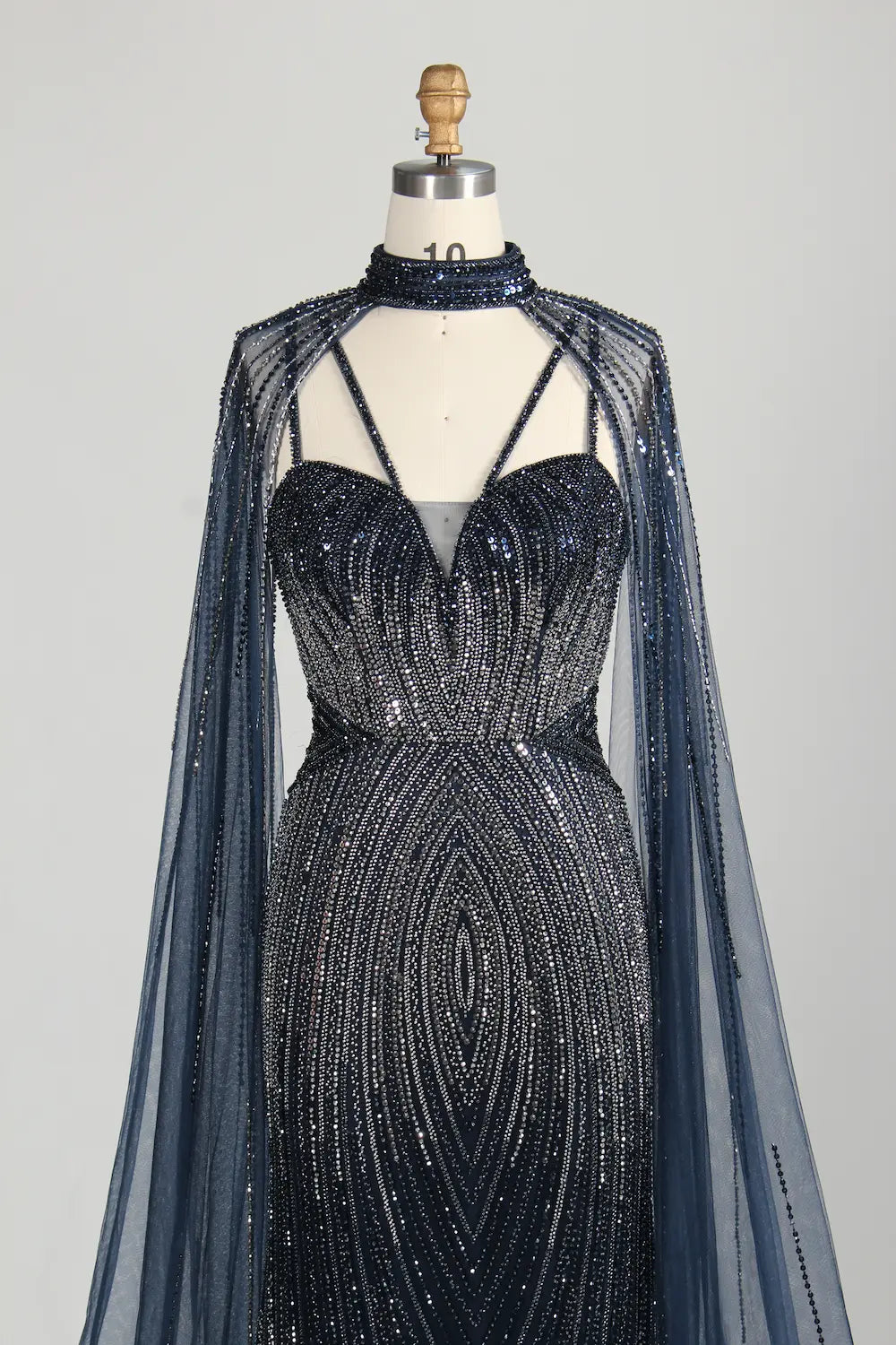 Navy Blue Sequin Sheer Cape Mermaid Mother of the Bride Dress MC157
