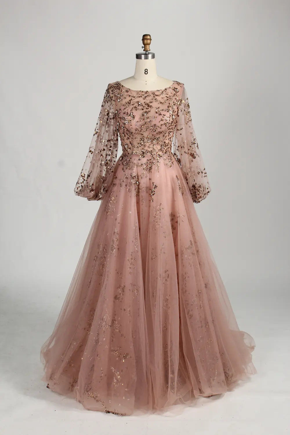 Blush Pink Sequin A-Line Long Bishop Sleeves Mother of the Bride Dress MC156