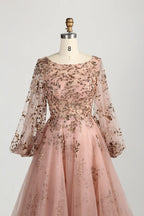 Blush Pink Sequin A-Line Long Bishop Sleeves Mother of the Bride Dress MC156