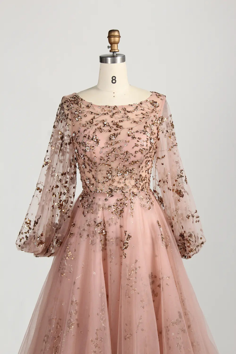 Blush Pink Sequin A-Line Long Bishop Sleeves Mother of the Bride Dress MC156