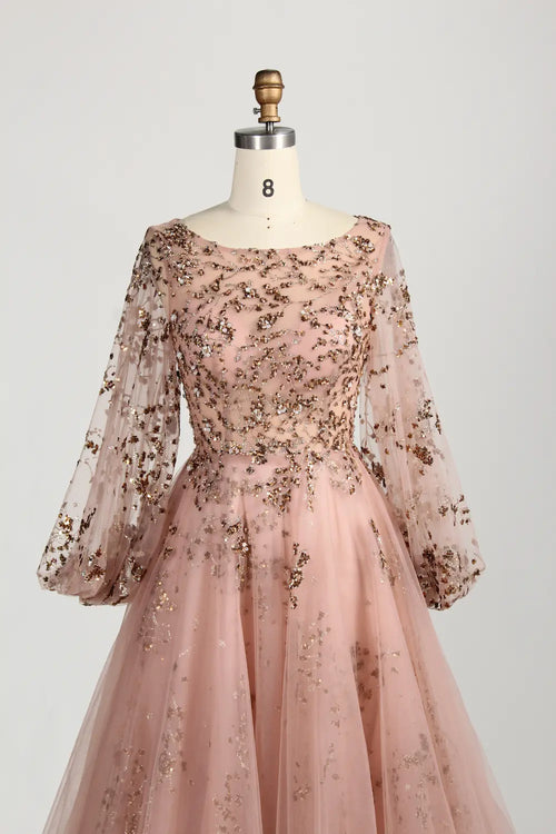 Blush Pink Sequin A-Line Long Bishop Sleeves Mother of the Bride Dress MC156
