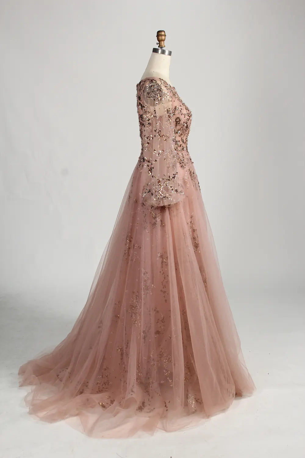 Blush Pink Sequin A-Line Long Bishop Sleeves Mother of the Bride Dress MC156
