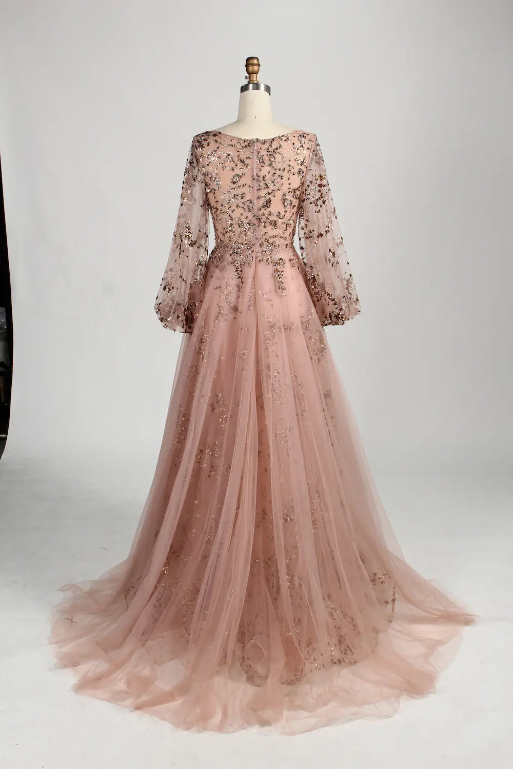 Blush Pink Sequin A-Line Long Bishop Sleeves Mother of the Bride Dress MC156