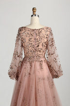 Blush Pink Sequin A-Line Long Bishop Sleeves Mother of the Bride Dress MC156
