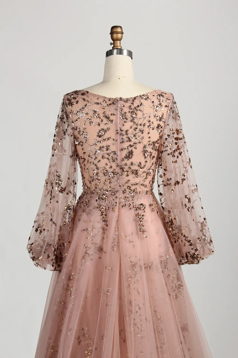 Blush Pink Sequin A-Line Long Bishop Sleeves Mother of the Bride Dress MC156