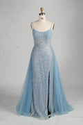 Blue Sequin Mermaid Slit Side Overskirt Evening Dress MC140