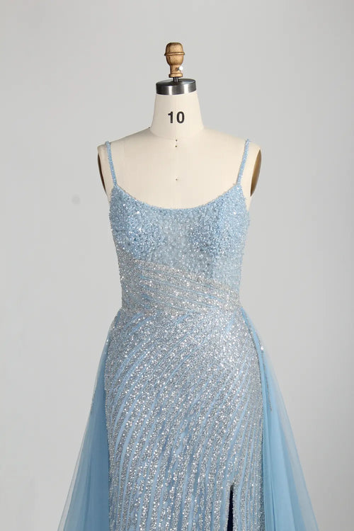 Blue Sequin Mermaid Slit Side Overskirt Evening Dress MC140