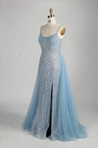 Blue Sequin Mermaid Slit Side Overskirt Evening Dress MC140
