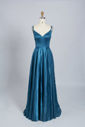 Wholesale Teal Satin V-neck Spaghetti Strap Long Prom Dress 32532