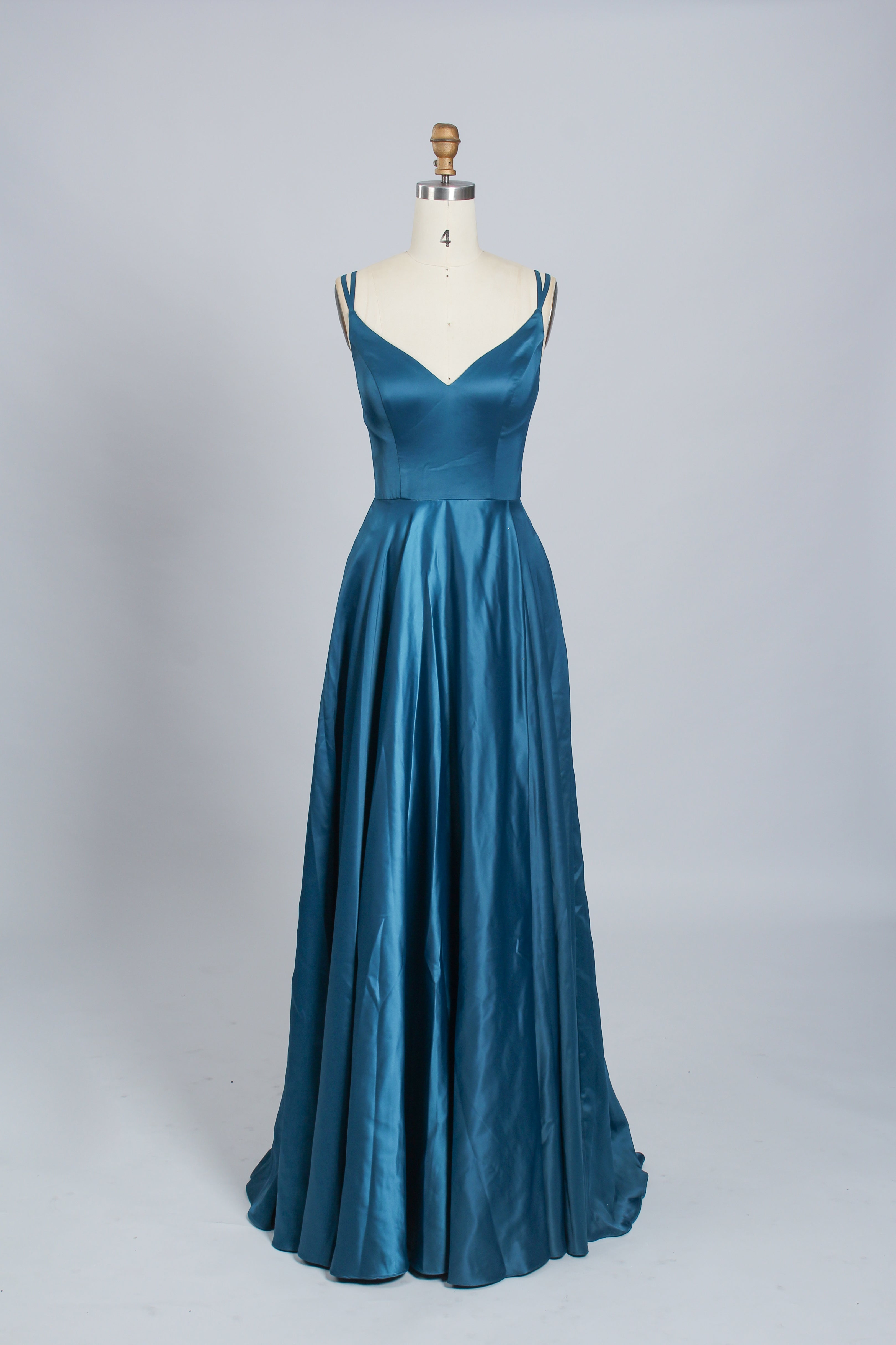 Wholesale Teal Satin V-neck Spaghetti Strap Long Prom Dress 32532