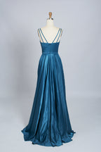 Wholesale Teal Satin V-neck Spaghetti Strap Long Prom Dress 32532