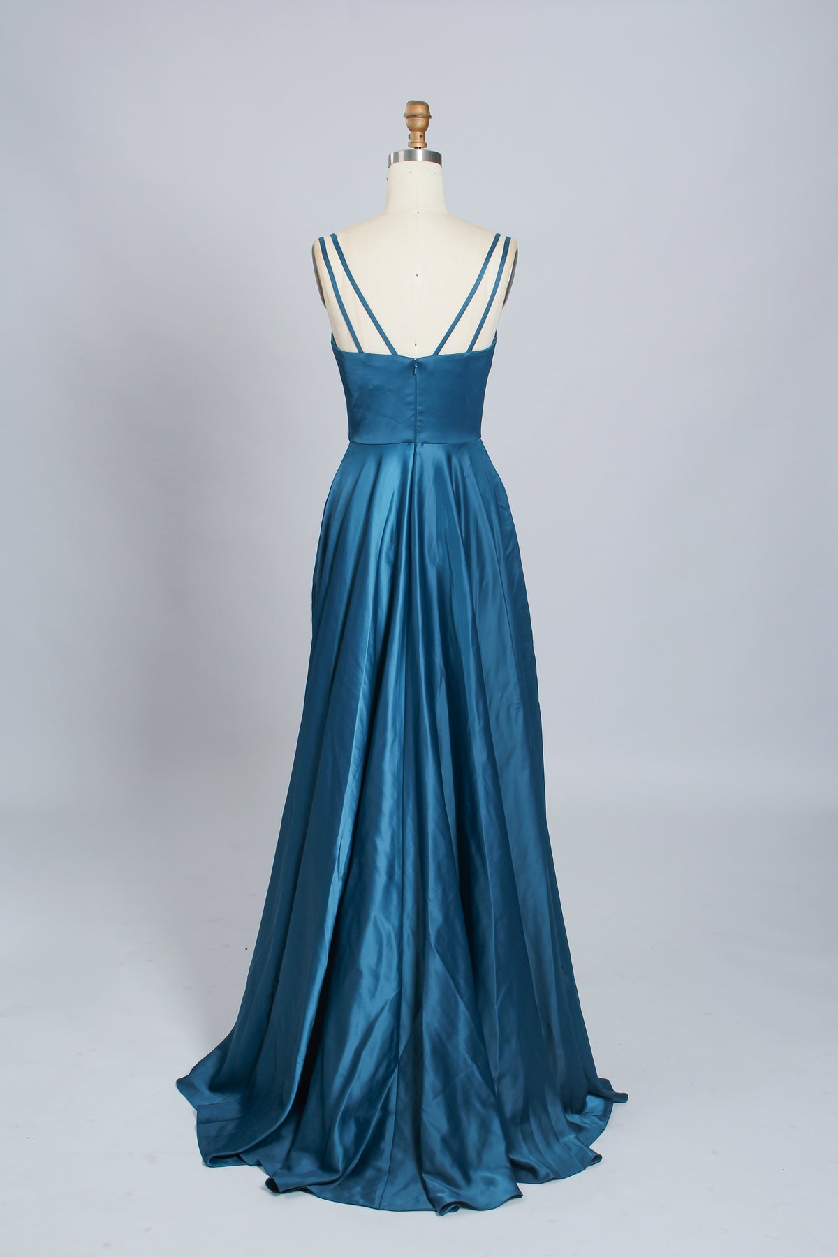 Wholesale Teal Satin V-neck Spaghetti Strap Long Prom Dress 32532