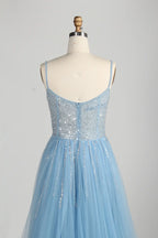 Blue Sequin Mermaid Slit Side Overskirt Evening Dress MC140