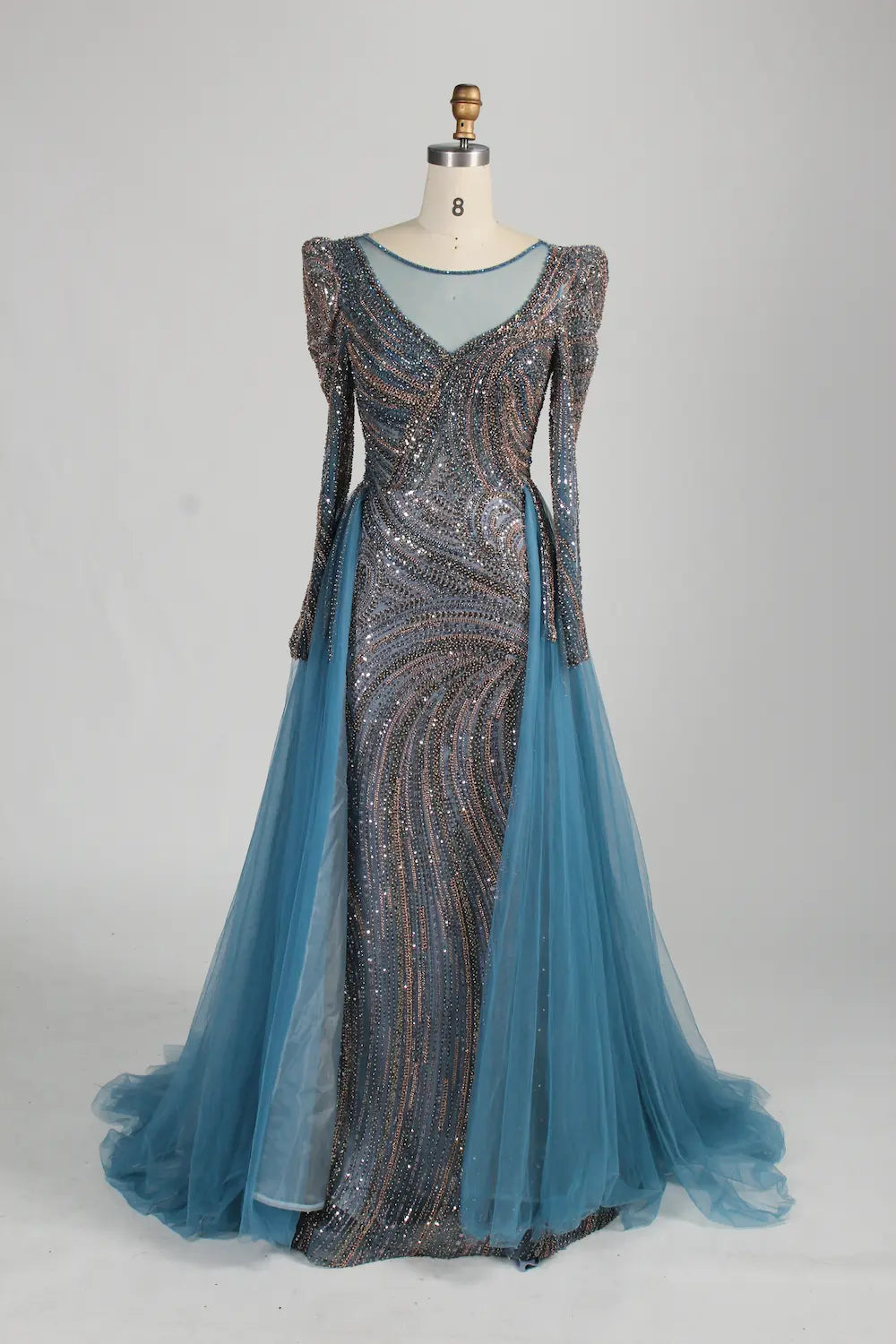 Dusty Blue Long Sleeve Beaded Mermaid Tulle Overskirt Mother of the Bride Dress MC141
