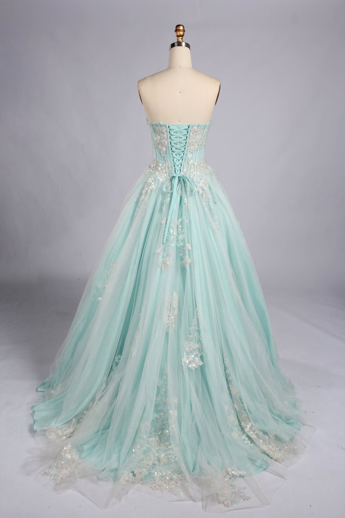Mint strapless corset prom dress, backless glitter tulle A-line skirt with appliques