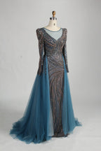Dusty Blue Long Sleeve Beaded Mermaid Tulle Overskirt Mother of the Bride Dress MC141