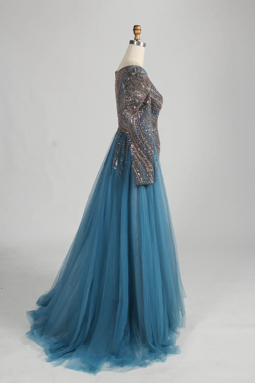 Dusty Blue Long Sleeve Beaded Mermaid Tulle Overskirt Mother of the Bride Dress MC141