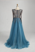 Dusty Blue Long Sleeve Beaded Mermaid Tulle Overskirt Mother of the Bride Dress MC141