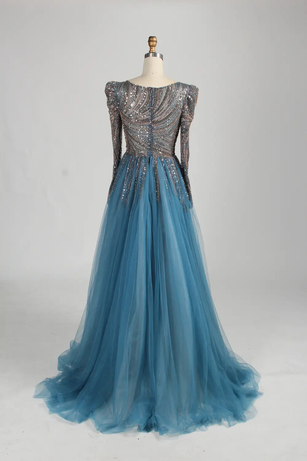 Dusty Blue Long Sleeve Beaded Mermaid Tulle Overskirt Mother of the Bride Dress MC141