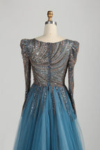 Dusty Blue Long Sleeve Beaded Mermaid Tulle Overskirt Mother of the Bride Dress MC141