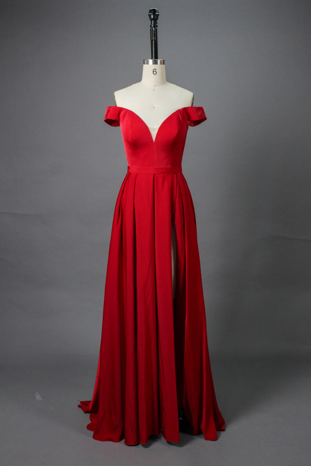 Elegant Simplicity Satin Off-Shoulder Slit Prom Gown  Wholesale 32566E