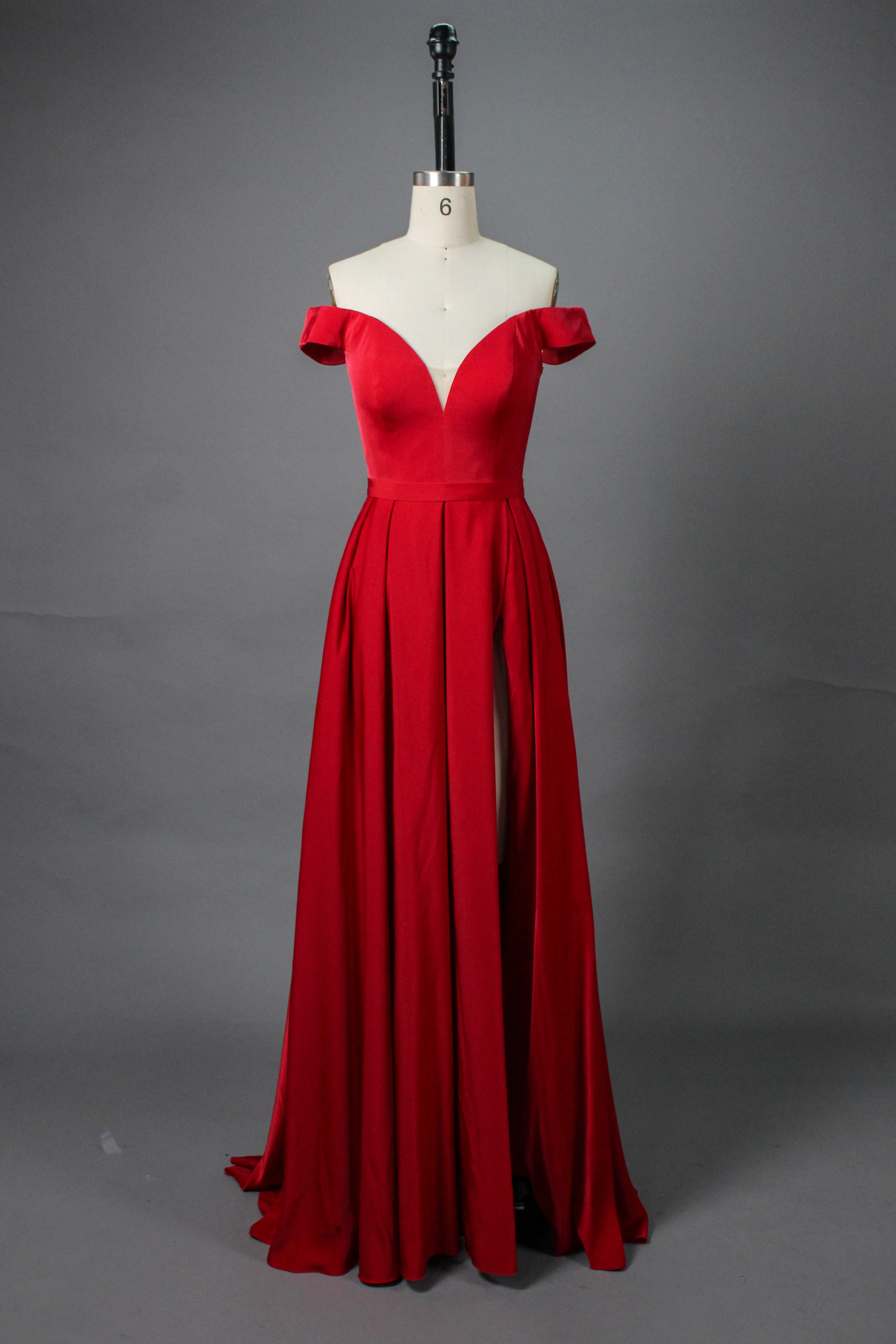 Elegant Simplicity Satin Off-Shoulder Slit Prom Gown  Wholesale 32566E
