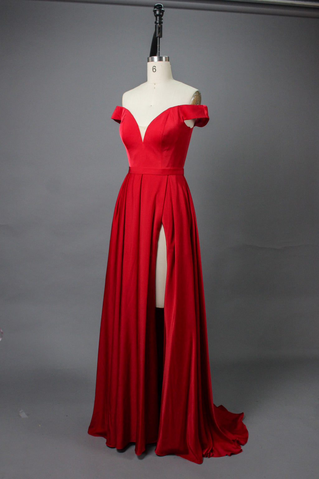 Elegant Simplicity Satin Off-Shoulder Slit Prom Gown  Wholesale 32566E