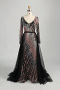 Black Long Sleeve Sequined Mermaid Overskirt Mother of the Bride Dress MC142