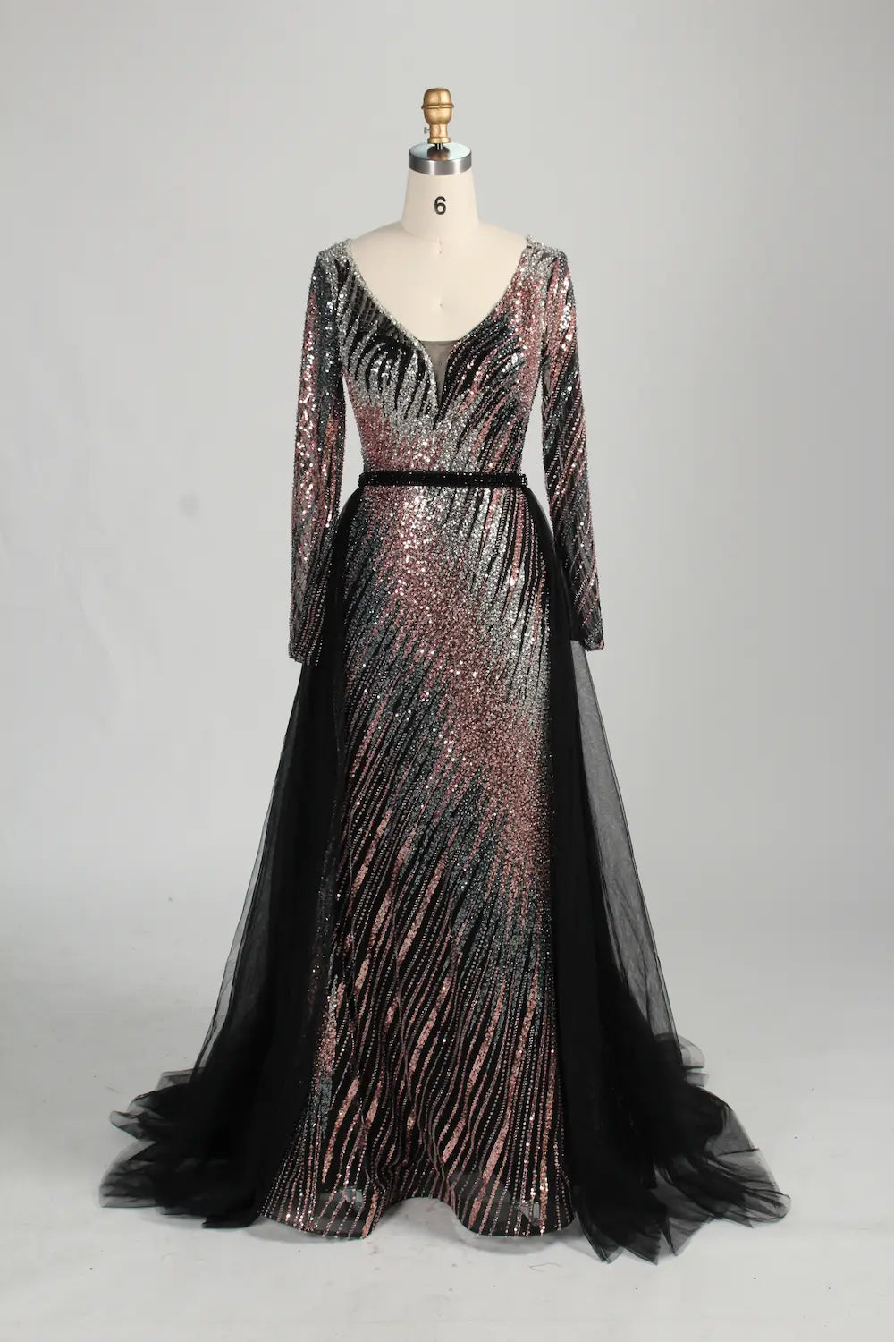Black Long Sleeve Sequined Mermaid Overskirt Mother of the Bride Dress MC142