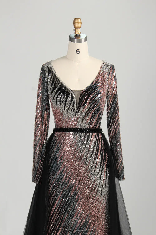 Black Long Sleeve Sequined Mermaid Overskirt Mother of the Bride Dress MC142